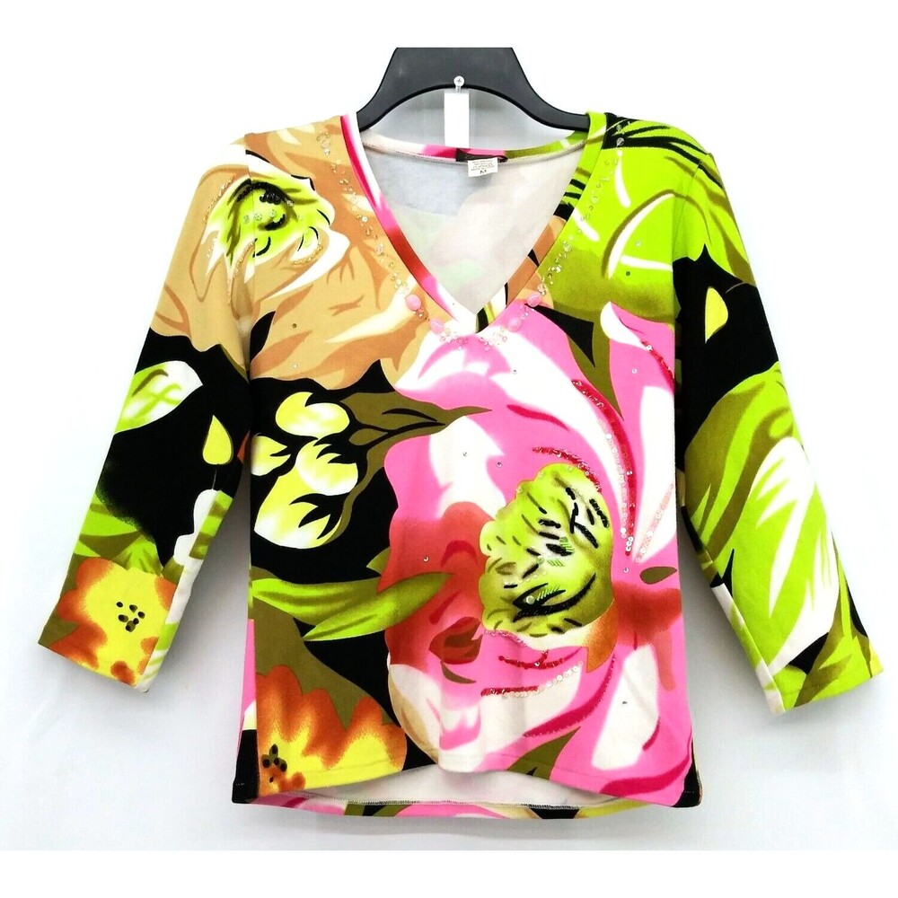Elizabeth New York Shirt Womens M Beaded Floral 3/4 Sleeve V-Neck Viscose Blouse